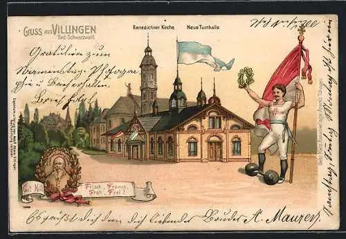 Lithographie Villingen /Bad. Schwarzwald, Benedictiner-Kirche, Neue Turnhalle, Turnvater Jahn