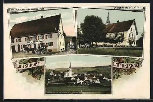 AK Unterkirnach, Gasthof u. Pension Rössle-Post, Ortsansicht mit Kirche