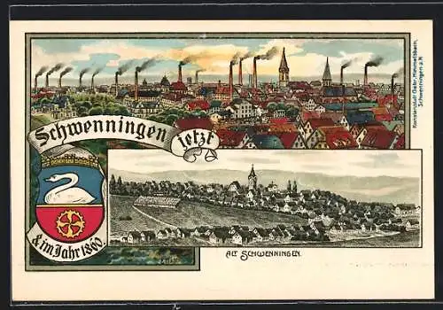 Lithographie Schwenningen / Villingen, Ortsansichten einst und jetzt, Wappen