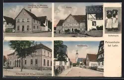 AK Meissenheim, Handlung & Bäckerei v. J. Alb. Kammerer, Schulhaus mit Kriegerdenkmal