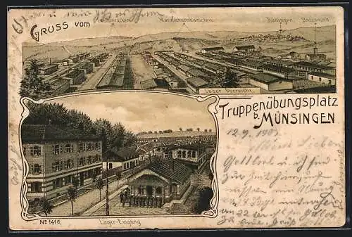 Lithographie Münsingen, Truppenübungsplatz, Lager Eingang und Barackenlager