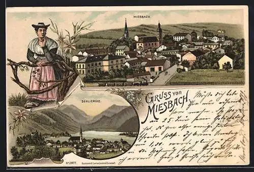 Lithographie Miesbach, Panorama, Ortsansicht mit Schliersee, Frau in Trachtenkleid