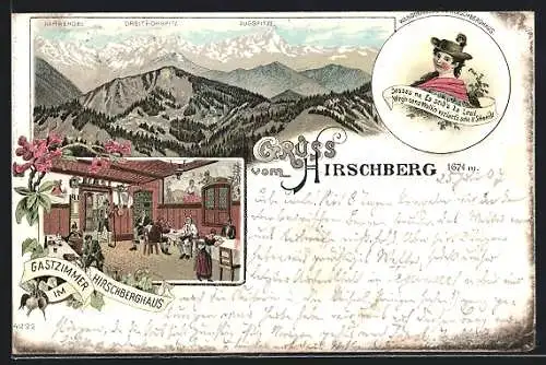 Lithographie Tegernsee, Hirschberg, Gastzimmer im Hirschberghaus, Zugspitze