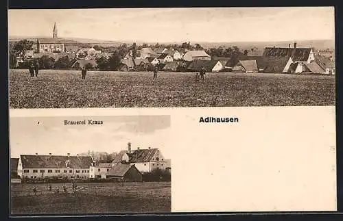 AK Adlhausen, Brauerei Kraus, Ortsansicht vom Ortsrand, Leute