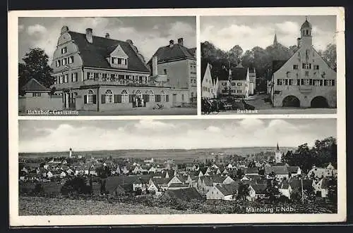 AK Mainburg i. Ndb., Bahnhof-Gaststätte, Rathaus, Ortsansicht