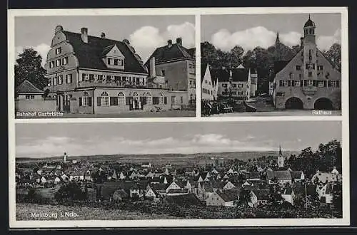 AK Mainburg i. Ndb., Bahnhof-Gaststätte, Rathaus, Ortsansicht