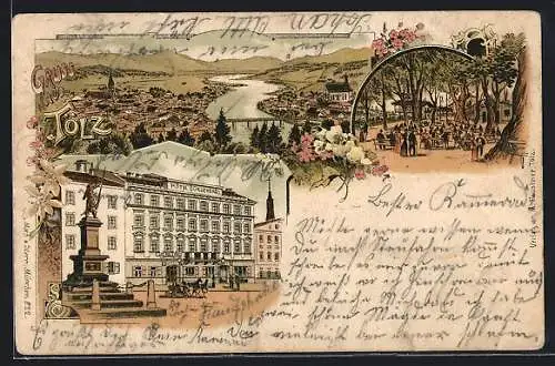 Lithographie Bad Tölz, Hotel Bürgerbräu, Ortsansicht