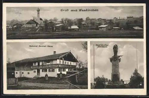 AK Waakirchen, Schmid-Kochel-Haus, Oberländler-Denkmal, Ortsansicht