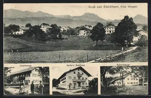 AK Stürzlham, Reiter`s Gasthaus, Kirchberger, Schmidbauer und Ortsansicht