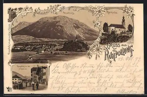 Lithographie Ruhpolding, Ortsansicht, Rauschberg, Pfarrkirche