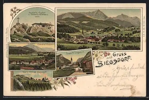 Lithographie Siegsdorf, Hochfelln-Gipfel und Unterkunftshaus, Ortsansicht