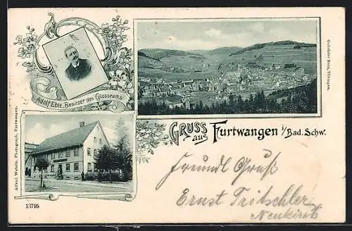 AK Furtwangen i. Bad. Schw., Gasthaus zur Linde, Adolf Eble, Besitzer des Colosseums, Ortsansicht