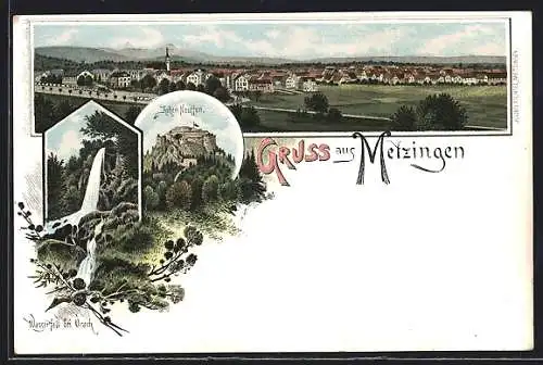 Lithographie Metzingen / Württ., Totalansicht, Burg Hohen Neuffen, Wasserfall