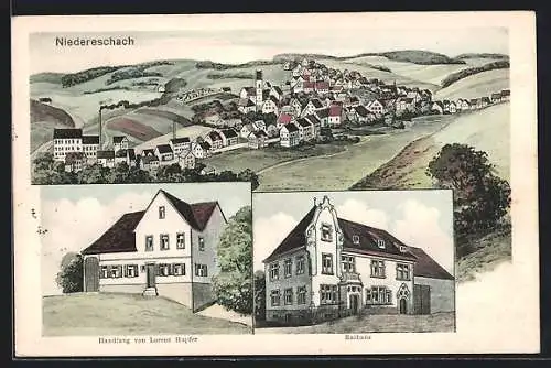 Künstler-AK sign. Hans Pernat: Niedereschbach / Schwarzw., Handlung von Lorenz Hupfer, Rathaus, Teilansicht