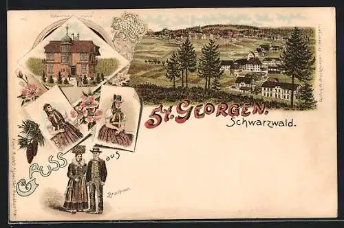 Lithographie St. Georgen / Schwarzwald, Ansicht der Gewerbe-Halle, Ortsansicht, Brautpaar in Tracht