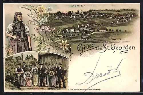 Lithographie St. Georgen / Schwarzwald, Teilansicht, Hochzeitstrachten