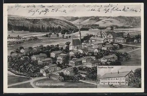 Künstler-AK sign. Hans Pernat: Feldolling i. Mangfalltal, Gasthaus Veicht, Teilansicht mit Kirche