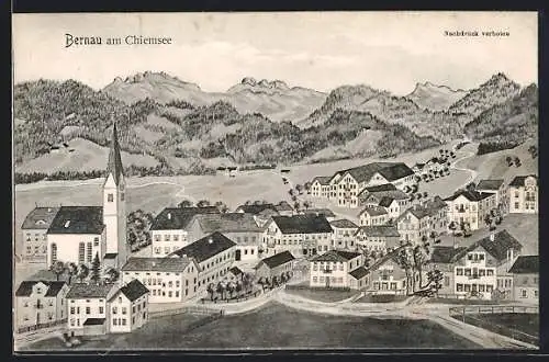 Künstler-AK sign. Hans Pernat: Bernau am Chiemsee, Teilansicht mit Kirche