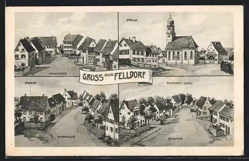 Künstler-AK sign. Hans Pernat: Felldorf, Strasse Höllgasse mit Restaurant Volck, Schule, Strasse Herrengasse u. Pfarrhof