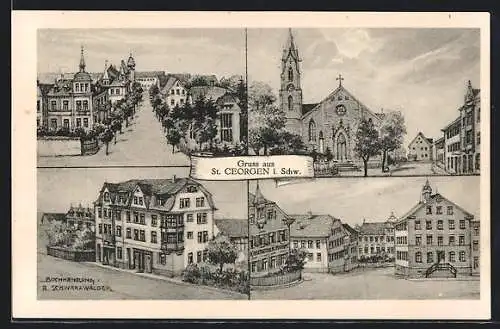 Künstler-AK sign. Hans Pernat: St. Georgen / Schwarzwa, Buchhandlung R. Schwarzwälder, Kirche und Denkmal, Strassenpartie