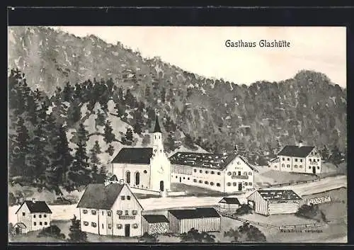 Künstler-AK sign. Hans Pernat: Glashütte / Tegernsee, Gasthaus Glashütte und Kirche