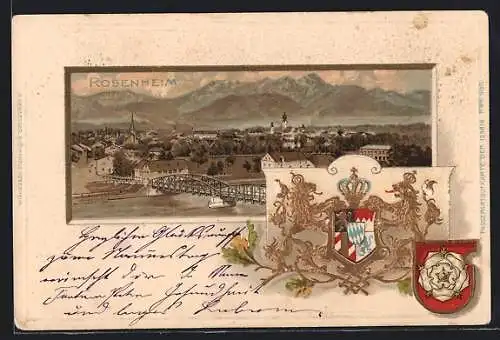 Passepartout-Lithographie Rosenheim / Obb., Gesamtansicht aus der Vogelschau, Wappen