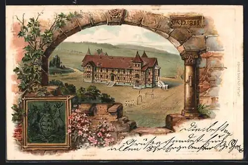 Passepartout-Lithographie Schorndorf / Remstal, Torn und Künkelin`s Halle, Wappen