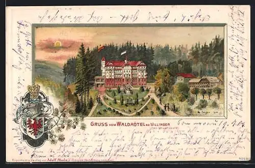 Passepartout-Lithographie Villingen /Bad. Schwarzwald, Waldhotel, Wappen