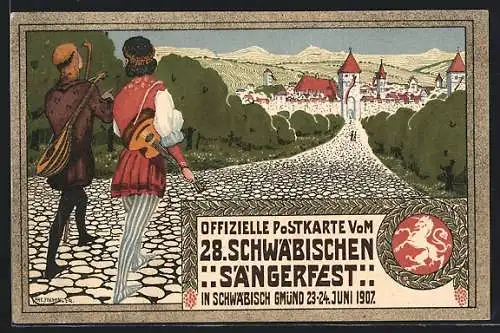 Künstler-AK Schwäbisch Gmünd, 28. Schwäbisches Sängerfest 1907, Festpostkarte, Sänger auf Wanderschaft