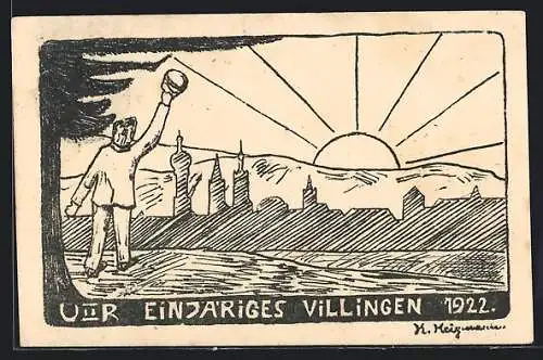 Künstler-AK Villingen / Baden, Einjähriges 1922, Teilansicht und winkender Student, Absolvia