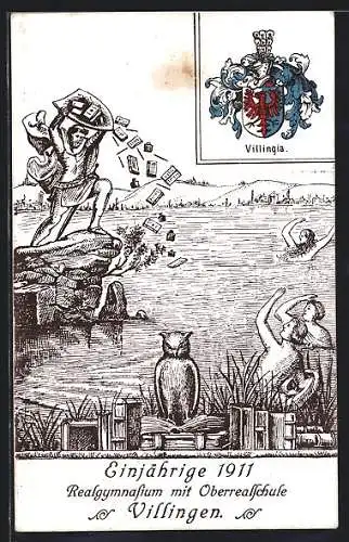 Künstler-AK Villingen / Baden, Villingia, Einjährige 1911, Realgymnasium mit Oberrealschule, Wappen