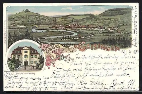 Lithographie Geisingen / Baden, Schloss Wartenberg, Blick zum Ort