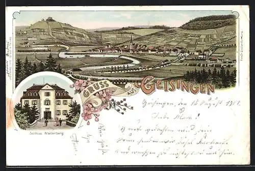 Lithographie Geisingen / Baden, Schloss Wartenberg, Blick zum Ort
