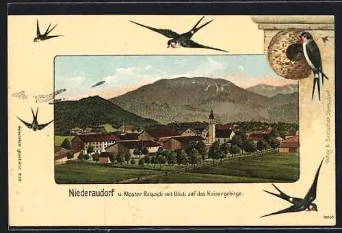 Passepartout-Lithographie Niederaudorf, Ort und Kloster Reisach, Schwalben