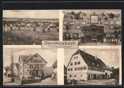 AK Obermusbach o. a. Freudenstadt, Gasthof zum Ochsen, Jägerhaus, Bauern auf dem Feld