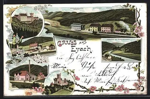 Lithographie Eyach / Württ., Kohlensäurewerke Rud. Buse, Eyach Sprudel, Schloss Mühringen