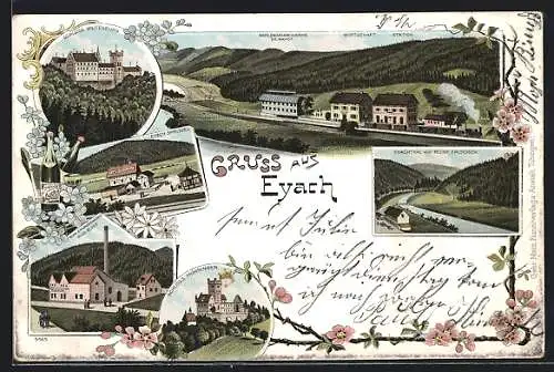 Lithographie Eyach / Württ., Kohlensäurewerke Rud. Buse, Eyach Sprudel, Schloss Mühringen