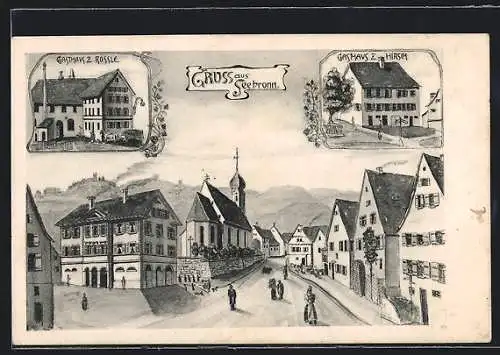 AK Seebronn, Gasthaus zum Hirsch, Gasthaus zum Rössle, Strassenpartie