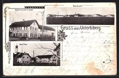 AK Unterbiberg, Gasthaus v. K. Huber, Dorf-Platz, Totalansicht