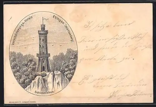 Lithographie Ebingen /Württemberg, Turm auf dem Schlossfelsen, Verschönerungs-Verein