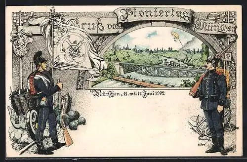 Passepartout-Lithographie München, Pioniertag München: Isarpartie und Regimentssoldaten mit Gewehren und Fahne