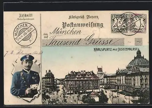 AK München, Karlsplatz mit Justizpalast auf einem Brief, Postbote bricht hindurch