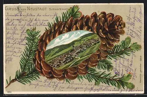 AK Neustadt /Schwarzwald, Gesamtansicht der Ortschaft im Tannenzapfen