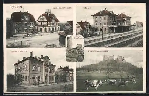 AK Süssen / Württ., Gasthof z. Pelikan, Bahnhof, Ruine Scharfenschloss