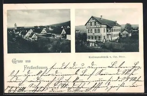 AK Frickenhausen / Württ., Korbwarenfabrik v. Chr. Sterr, Ortsansicht aus der Vogelschau