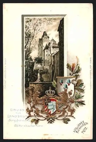 Passepartout-Lithographie Landshut / Isar, Burg Tausnitz mit Wittelsbacherturm, Stadtwappen