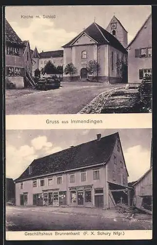 AK Immendingen, Geschäftshaus Brunnenkant, Kirche mit Schloss