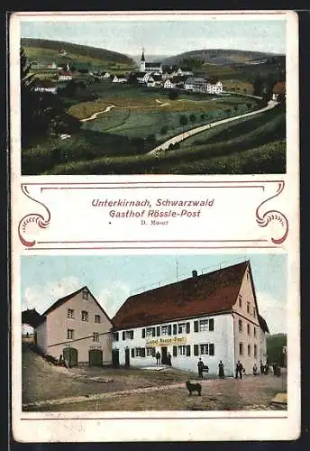AK Unterkirnach /Schwarzwald, Gasthof Rössle-Post, Ortsansicht mit Kirche