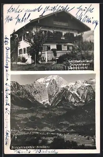 AK Berchtesgaden-Schönau, Café und Gasthaus am Forst, Ortsansicht gegen die Berge