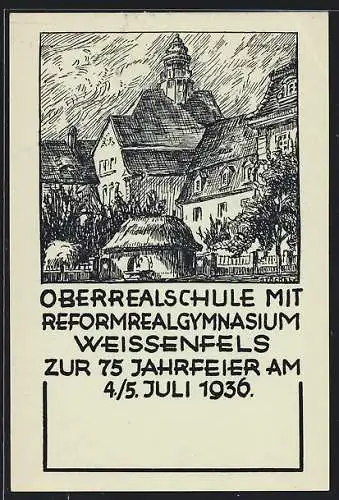 Künstler-AK Weissenfels, Blick auf die Oberrealschule mit Reformrealgymnasium zur 75 Jahrfeier 1936